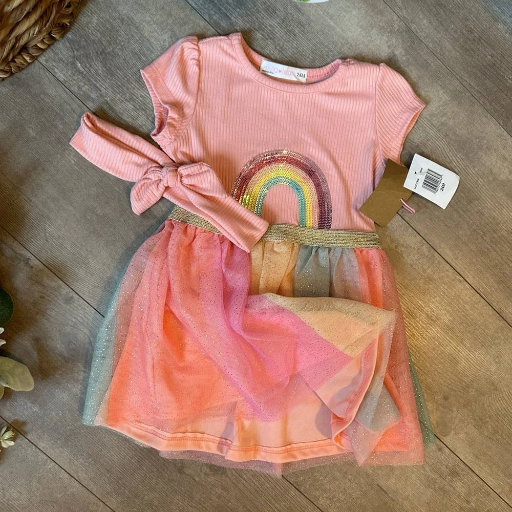 New Young Hearts Toddler Girl Pink Rainbow Tulle Twirl Dress & Hairband